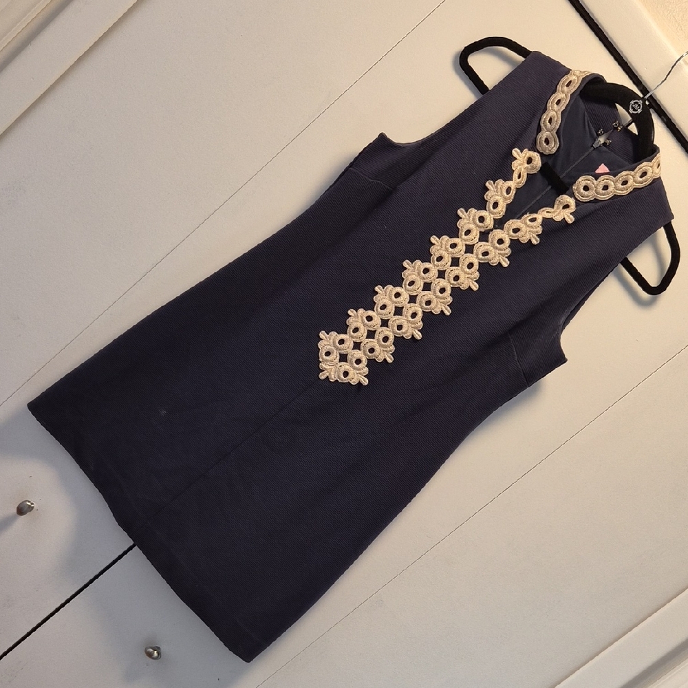 Navy Sleeveless Dress with Gold Embroidery